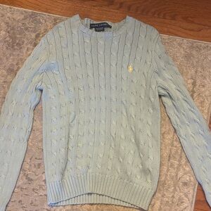 Ralph Lauren Pastel Blue Cable Knit Crewneck Sweater with Yellow Polo
